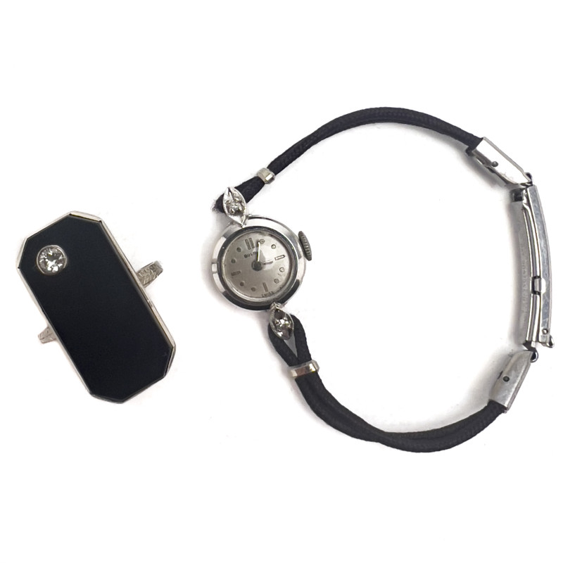 Gold and Diamond Bulova Watch and Gold, Onyx and Diamond Ring