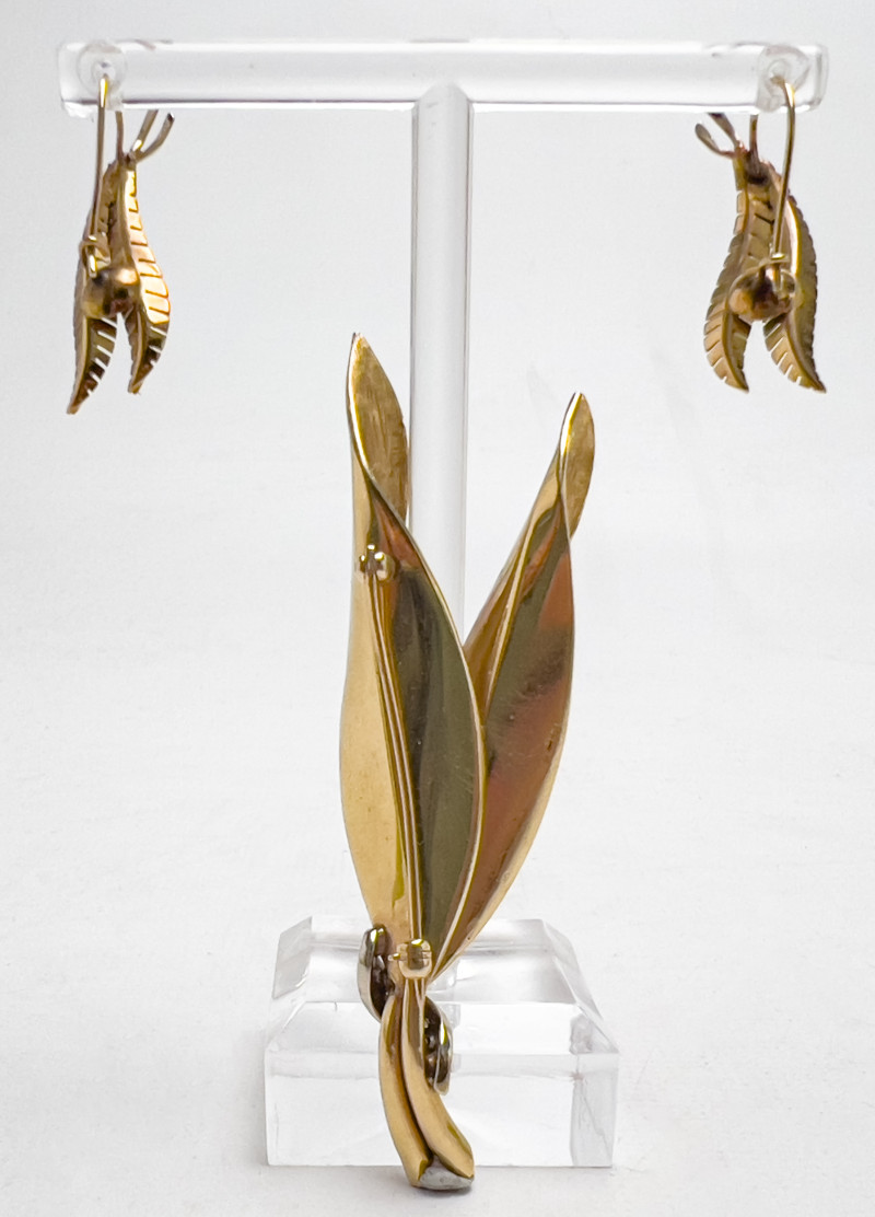 Gold and Diamond Leaf Brooch and Earrings