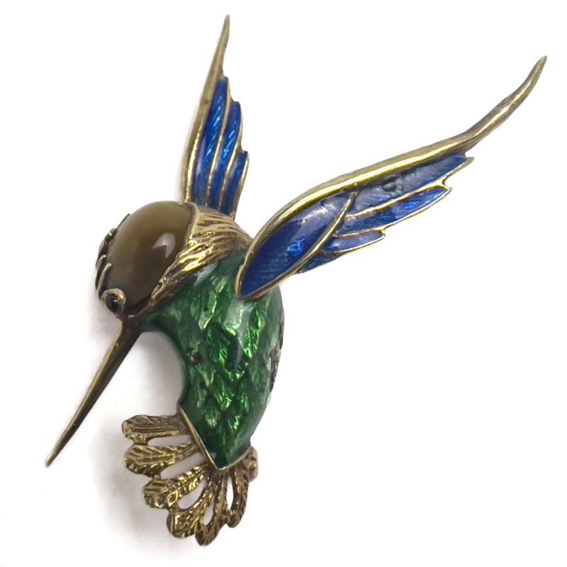 Gold, Enamel, and Tiger&apos;s Eye Hummingbird Pin
