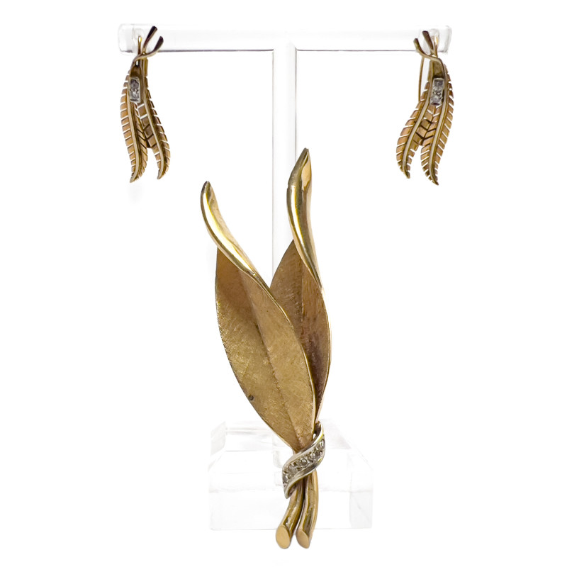 Gold and Diamond Leaf Brooch and Earrings