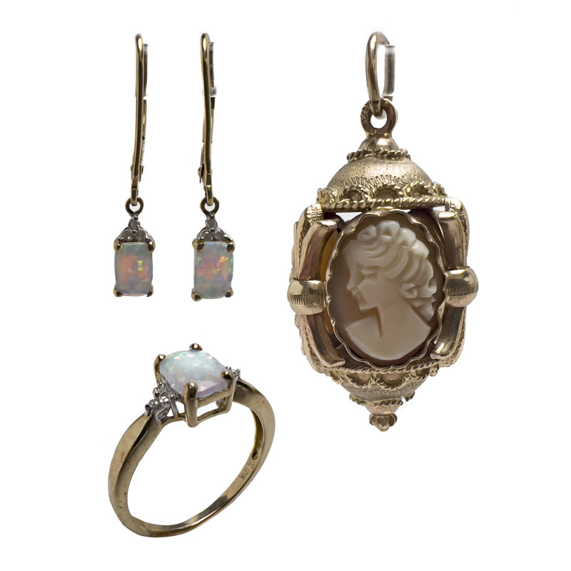 Gold Opal Earrings, Opal and Diamond Ring, and Cameo Pendant