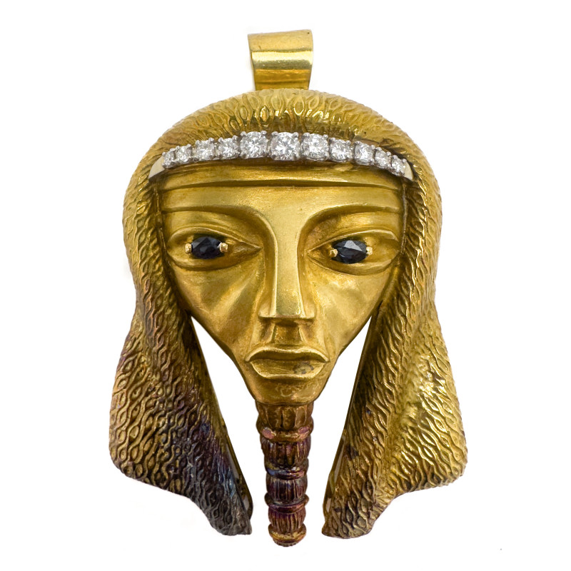 Gold, Diamond, and Sapphire Egyptian Pendant Brooch