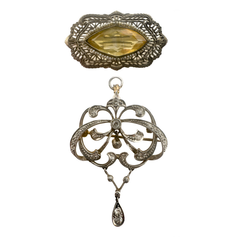 Two Victorian Gold Brooches with Diamonds, Spinel, and Pearls