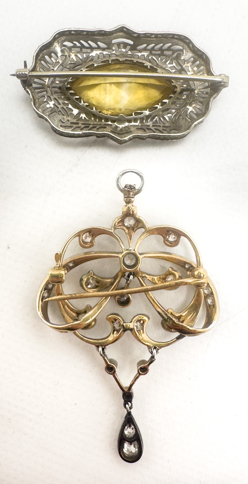 Two Victorian Gold Brooches with Diamonds, Spinel, and Pearls