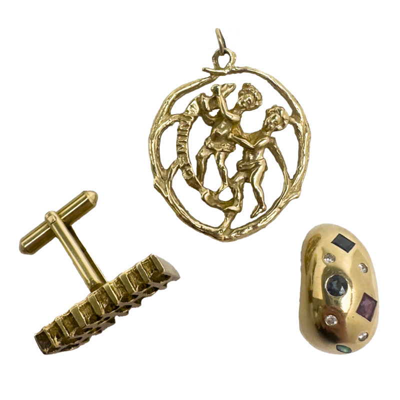 Gold Pendant, Cufflink, and Earring