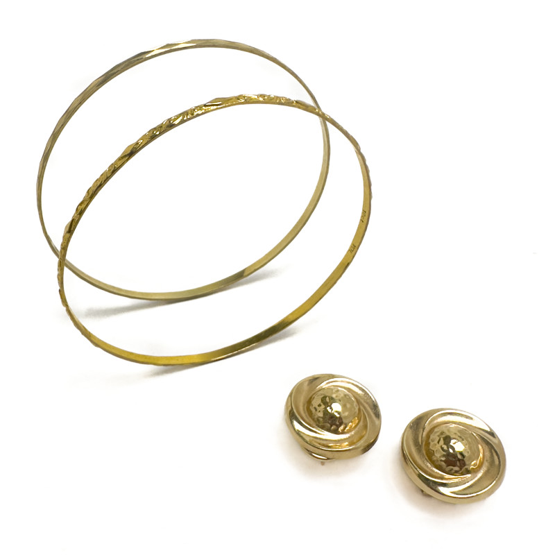 Gold Bangles and Earrings, Group of 3