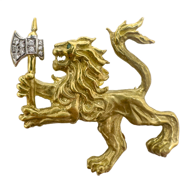 Norwegian Heraldry Gold, Diamond, and Emerald Pin