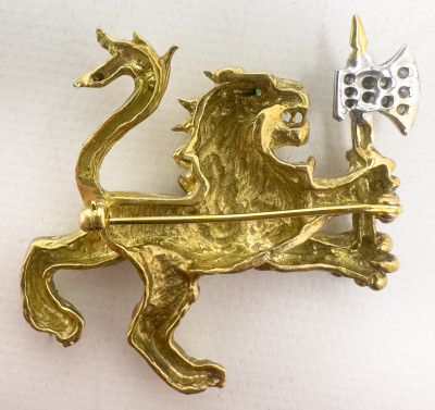 Norwegian Heraldry Gold, Diamond, and Emerald Pin