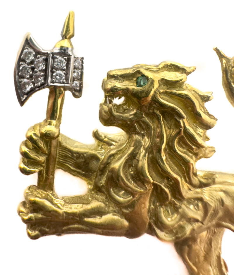 Norwegian Heraldry Gold, Diamond, and Emerald Pin