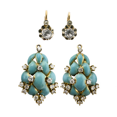 Image for Lot Gold and White Topaz Earrings, and Gold, Diamond, and Enamel Earring Charms