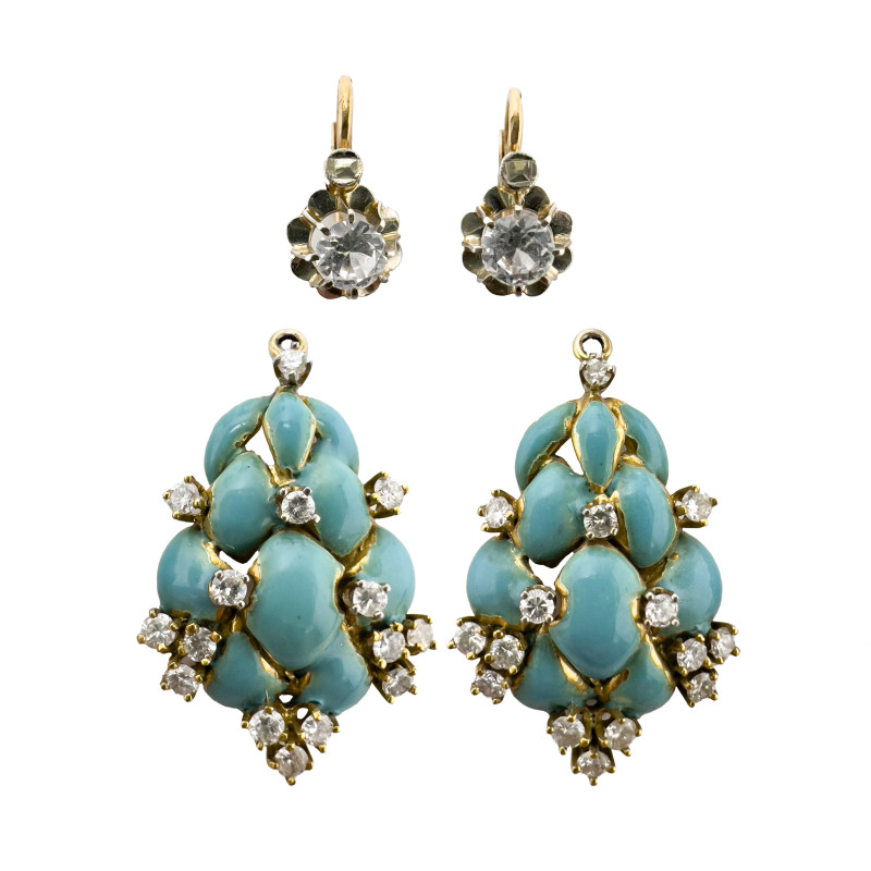 Gold and White Topaz Earrings, and Gold, Diamond, and Enamel Earring Charms