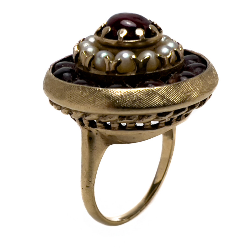 Gold, Garnet, and Pearl Cocktail Ring
