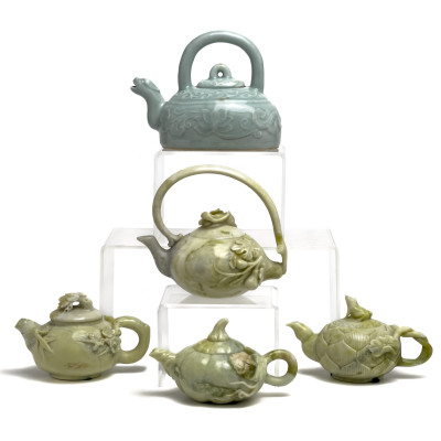 Image for Lot Carved Teapots Jade and Ceramic, Group of 5