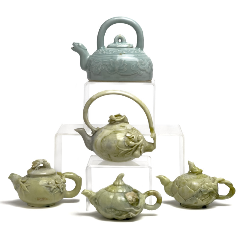 Carved Teapots Jade and Ceramic, Group of 5