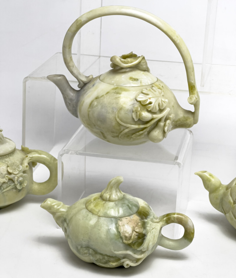 Carved Teapots Jade and Ceramic, Group of 5