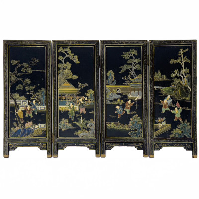 Image for Lot Chinese Black Lacquer Four Panel Table Screen