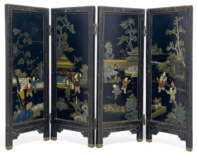 Chinese Black Lacquer Four Panel Table Screen
