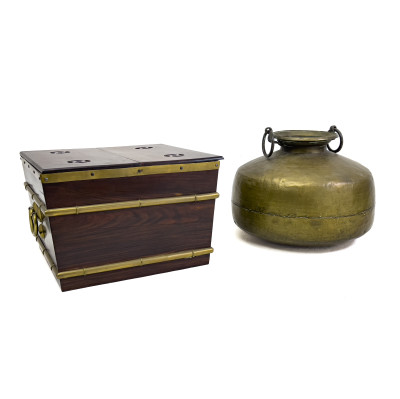 Image for Lot Asian Rosewood Cellaret and Brass Jar