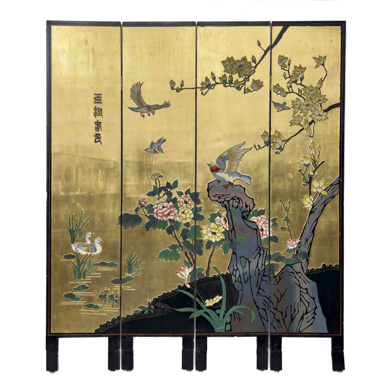 Chinese Coromandel and Lacquer Four Panel Room Divider
