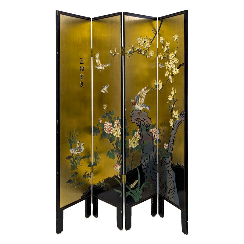 Chinese Coromandel and Lacquer Four Panel Room Divider