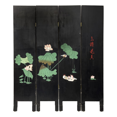 Chinese Coromandel and Lacquer Four Panel Room Divider