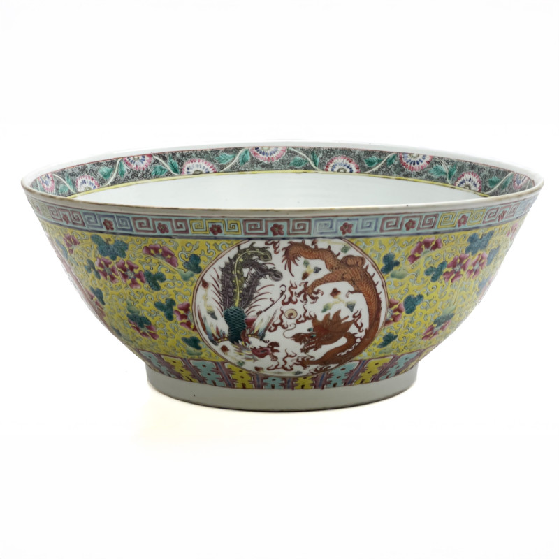 Chinese Famille Jaune Punch Bowl with Dragons