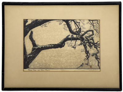 Toshi Yoshida - Plum Tree and Blue Magpie