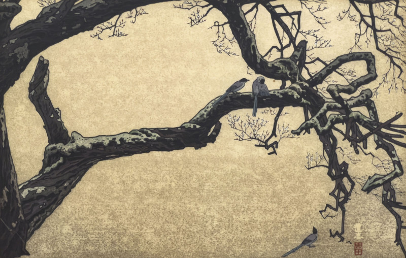 Toshi Yoshida - Plum Tree and Blue Magpie