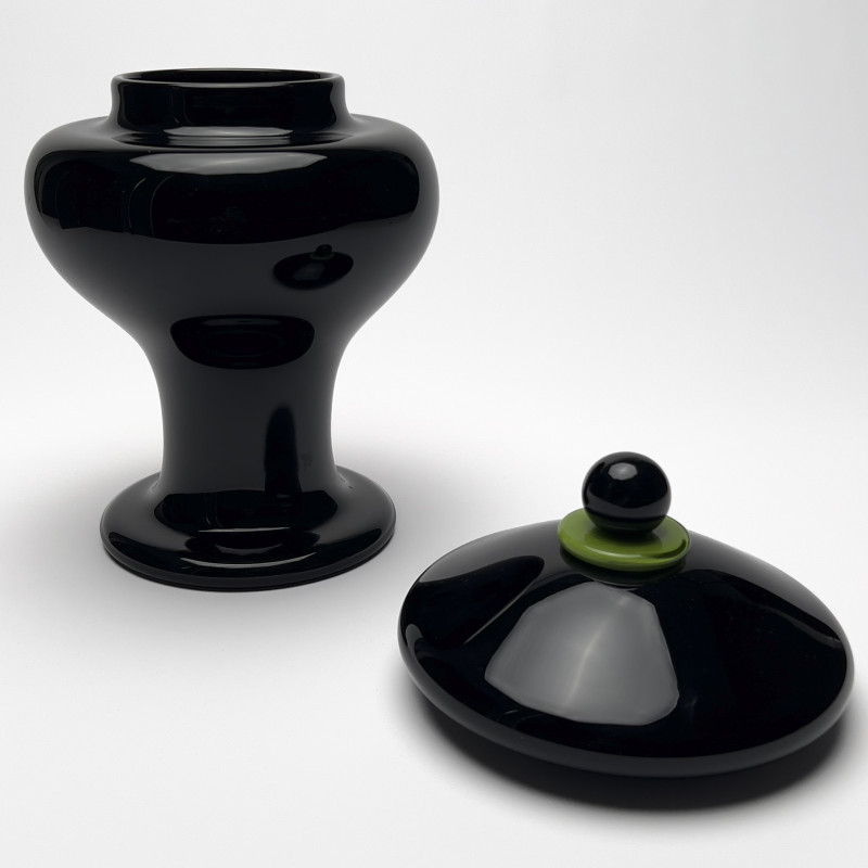 Black and Green Art Glass Vase with Lid