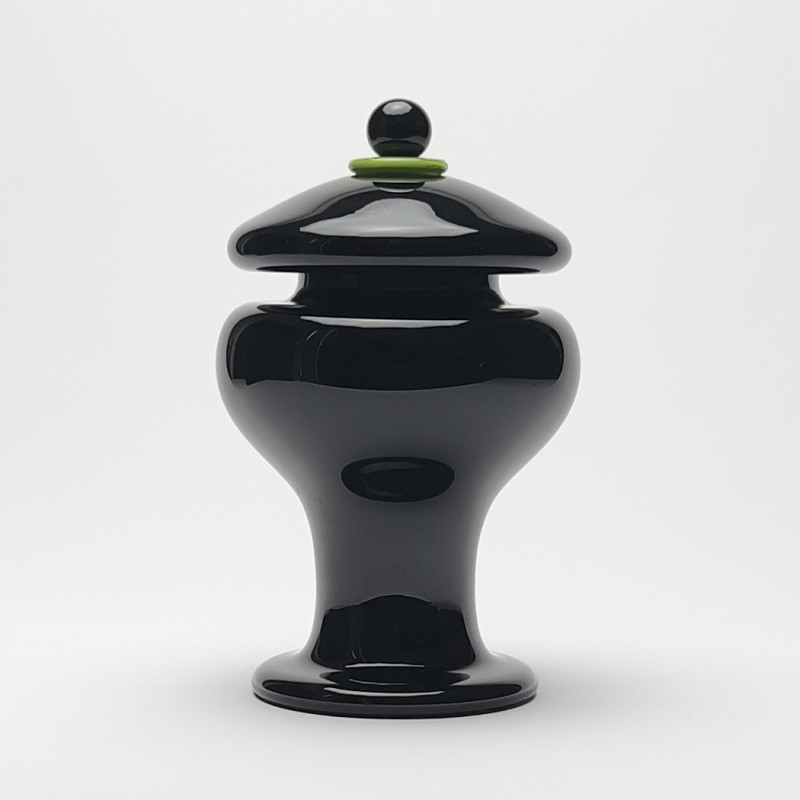 Black and Green Art Glass Vase with Lid