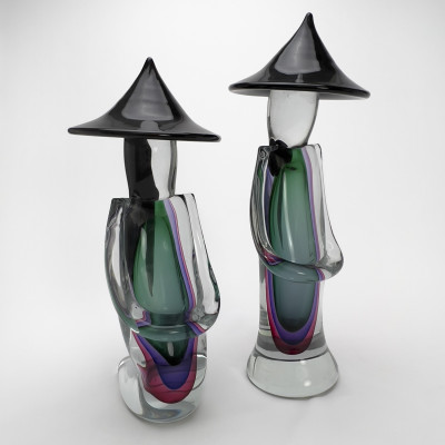 Image for Lot Luigi Onesto - Two Murano Sommerso Figures with Asian Conical Hats