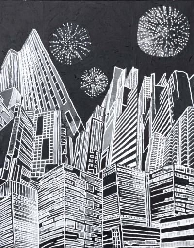 Image for Lot Janet Cooling - Untitled (Cityscape with Fireworks)
