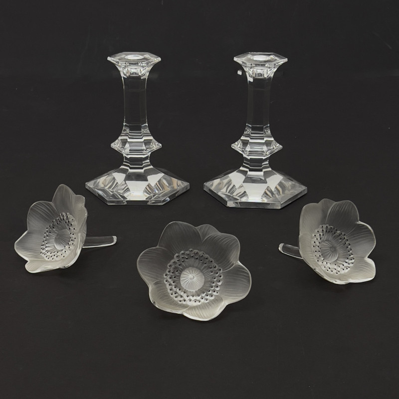 Lalique &amp; Val St. Lambert - Pair of Candlesticks and Paperweights, Group of 5