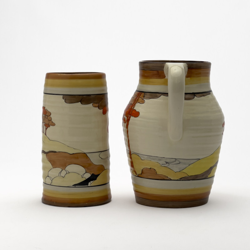 Clarice Cliff - Bizarre Lotus Jug and Vase in &quot;Coral Firs&quot;