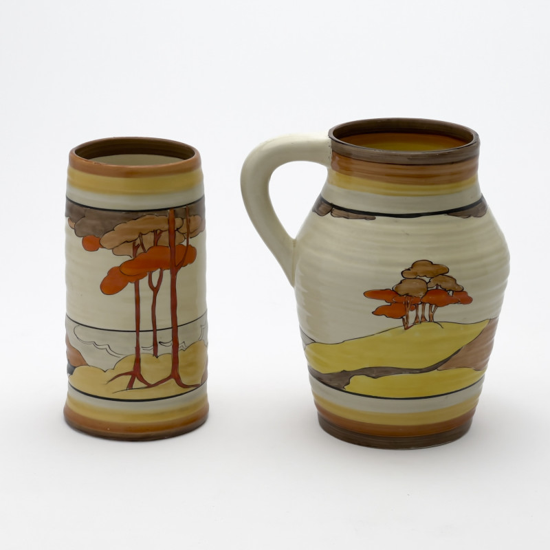 Clarice Cliff - Bizarre Lotus Jug and Vase in &quot;Coral Firs&quot;