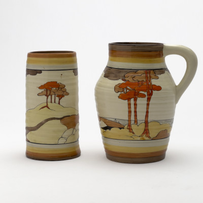 Clarice Cliff - Bizarre Lotus Jug and Vase in &quot;Coral Firs&quot;