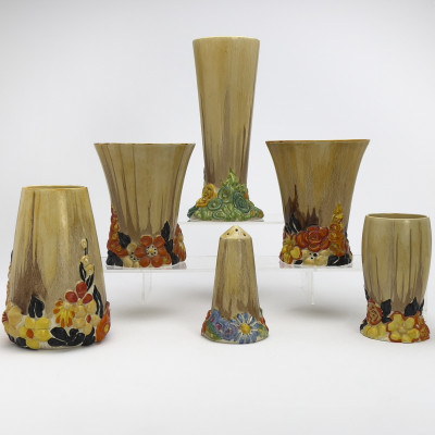 Image for Lot Clarice Cliff - Bizzare Vases and Shaker in "My Garden," Group of 6