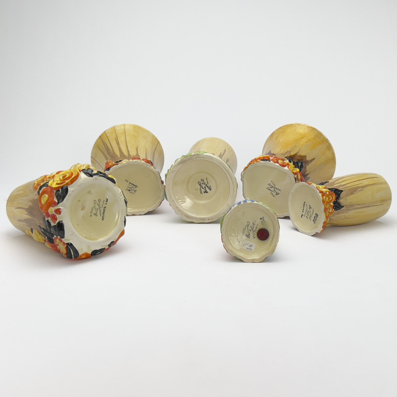 Clarice Cliff - Bizzare Vases and Shaker in &quot;My Garden,&quot; Group of 6