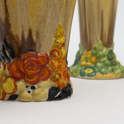 Clarice Cliff - Bizzare Vases and Shaker in &quot;My Garden,&quot; Group of 6