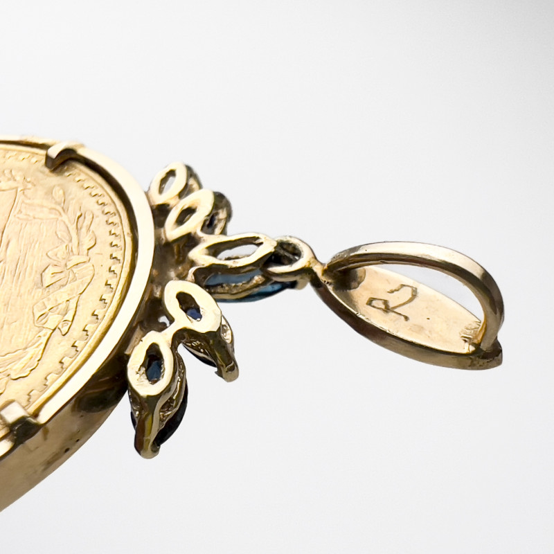Veinte Peso Gold Coin Pendant with Sapphires and Diamonds