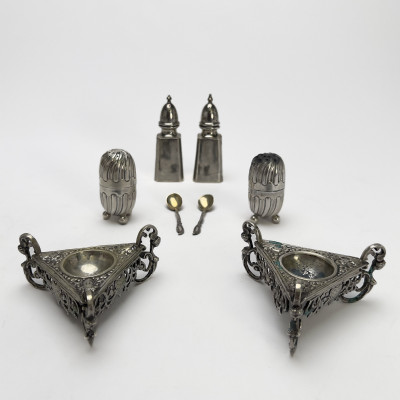 Image for Lot Group of Silver Salt Shakers and Cellars With Two Spoons