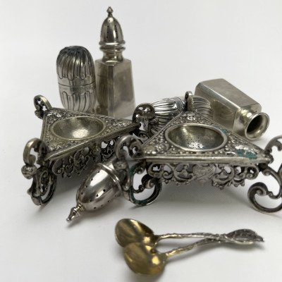Group of Silver Salt Shakers and Cellars With Two Spoons