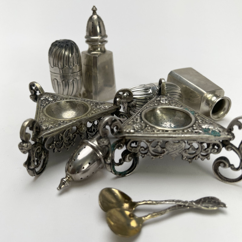 Group of Silver Salt Shakers and Cellars With Two Spoons