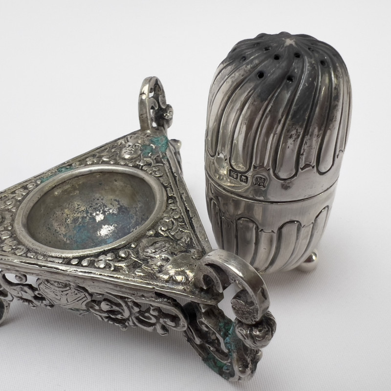 Group of Silver Salt Shakers and Cellars With Two Spoons