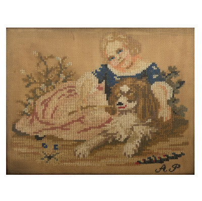 Image for Lot Artist Unknown - Child and Dog Cross Stitch Needlepoint