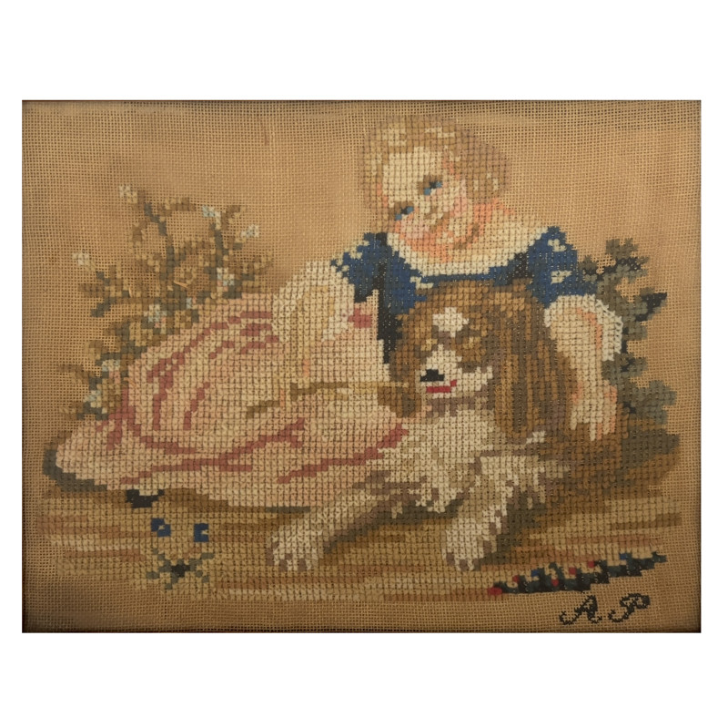 Artist Unknown - Child and Dog Cross Stitch Needlepoint