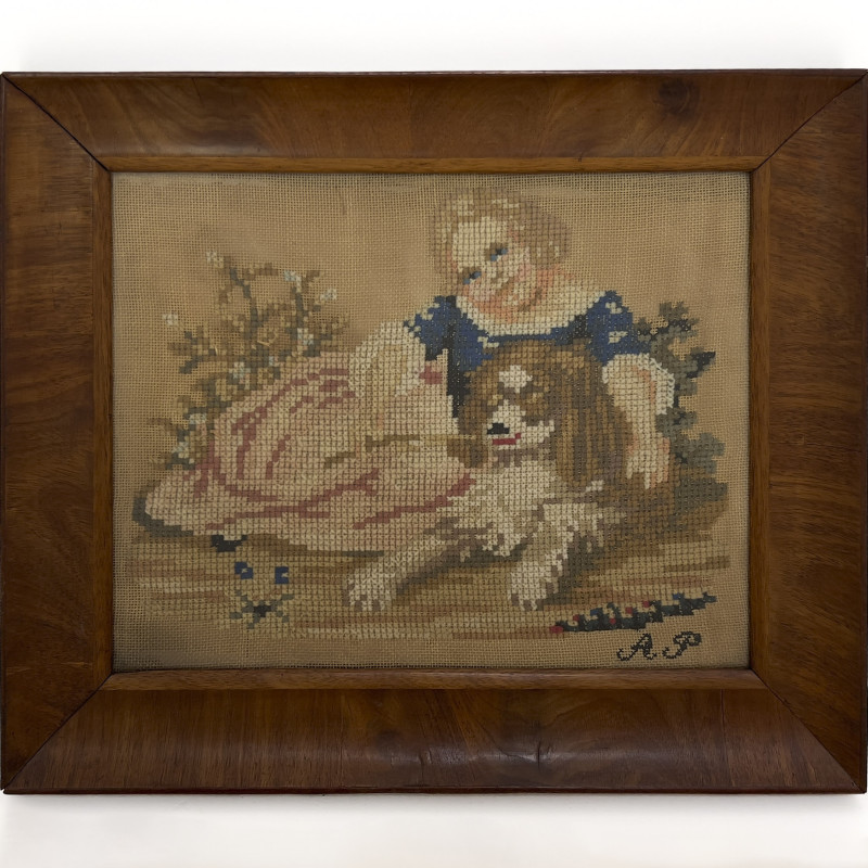 Artist Unknown - Child and Dog Cross Stitch Needlepoint