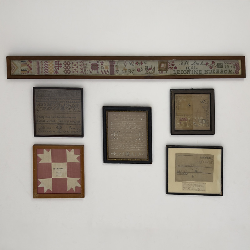 (6)19th century textiles, 5 needlepoint samplers and 1 quilt square