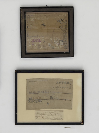 (6)19th century textiles, 5 needlepoint samplers and 1 quilt square