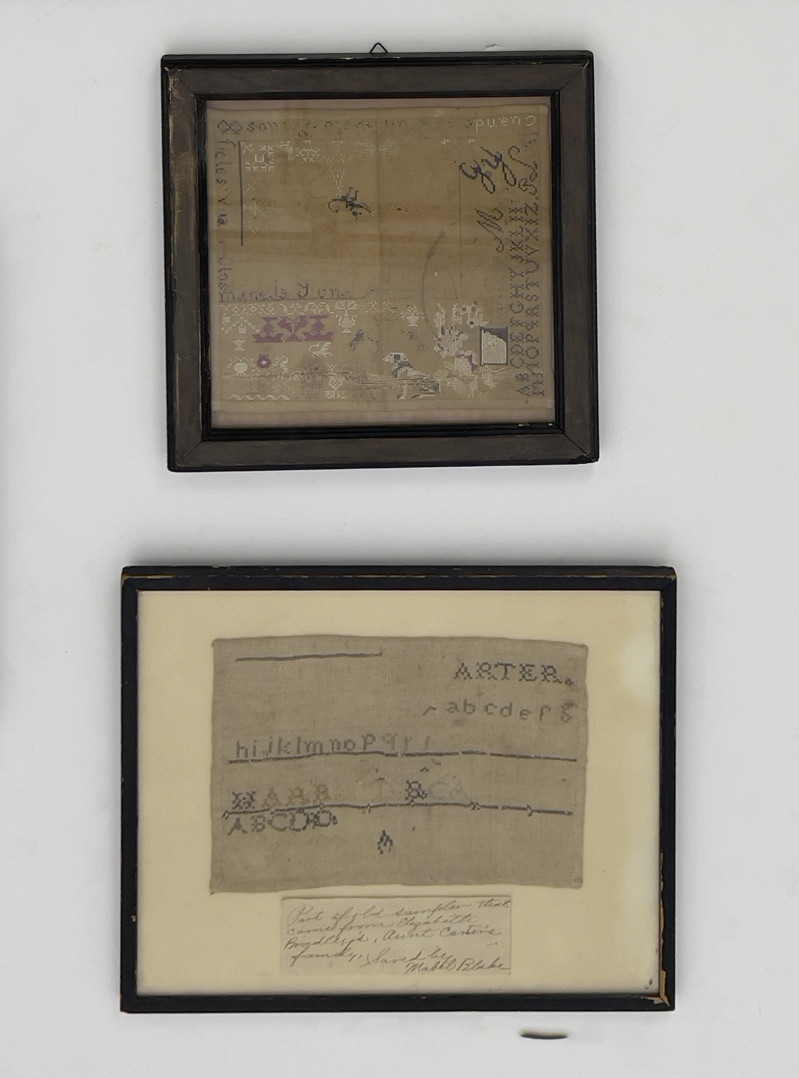 (6)19th century textiles, 5 needlepoint samplers and 1 quilt square